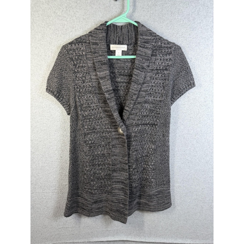 Christopher & Banks Cardigan Sweater Womens Medium Gray Short Sleeve Open Knit